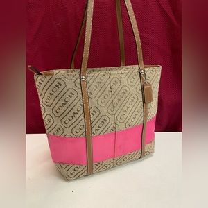 COACH Canvas Logo Shopper tote Pink Tan brown leather satchel handbag monogram
